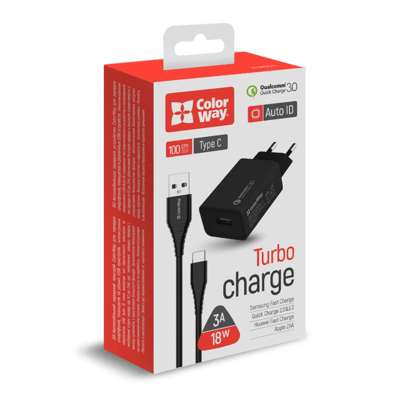 Зарядний пристрій ColorWay 1USB Quick Charge 3.0 (18W) черное + cable Type C (CW-CHS013QCC-BK)