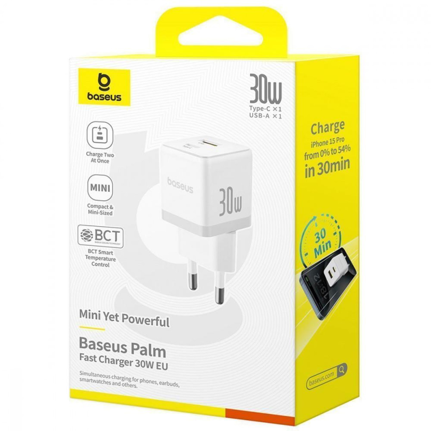 Зарядное устройство Baseus Palm Fast Charger Type-C+USB 30W white (P1011160A213-00)