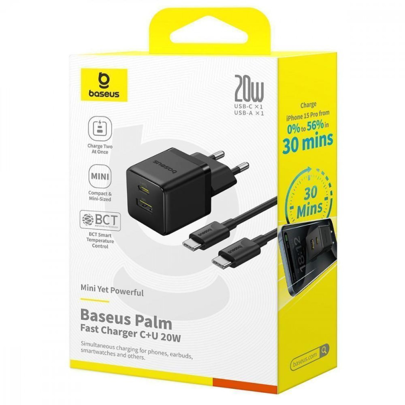 Зарядное устройство Baseus Palm Fast Charger 20W (Type-C + USB) 20W + Кабель Type-C to Type-C 60W (1m) black (P10111608113-01)