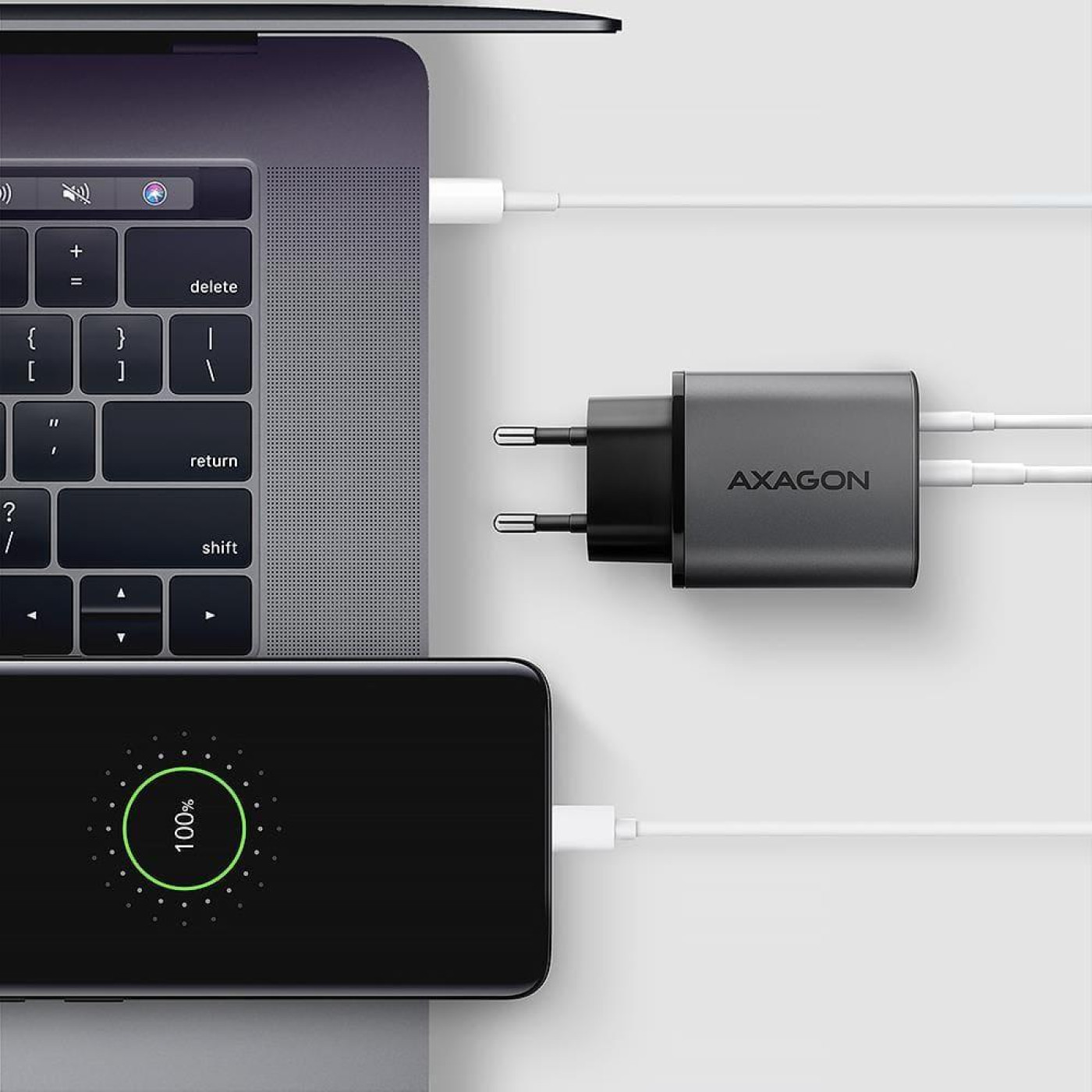 Мережевий зарядний пристрий AXAGON ACU-PQ67, 2x port (USB + USB-C), PD3.0/QC4+/PPS/Apple, 67W, сирий