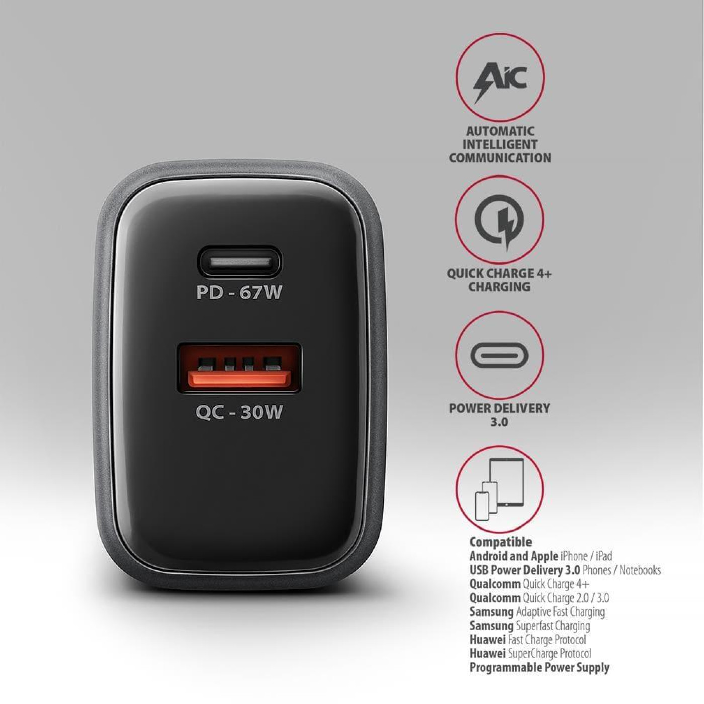Мережевий зарядний пристрий AXAGON ACU-PQ67, 2x port (USB + USB-C), PD3.0/QC4+/PPS/Apple, 67W, сирий
