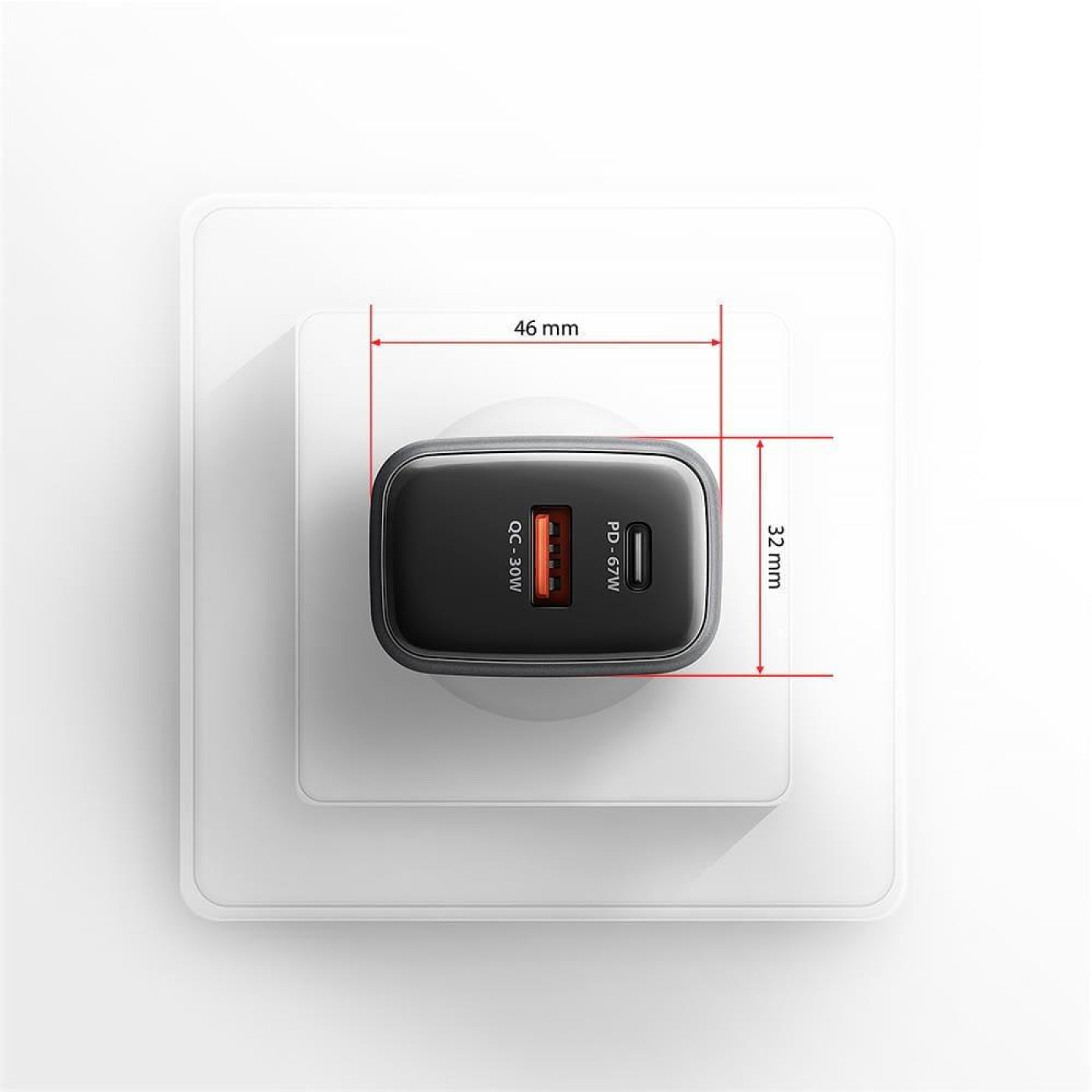 Мережевий зарядний пристрій з дисплеєм AXAGON ACU-PQ67D, 2x port (USB + USB-C), PD3.0/QC4+/PPS/Apple, 67W, сірий