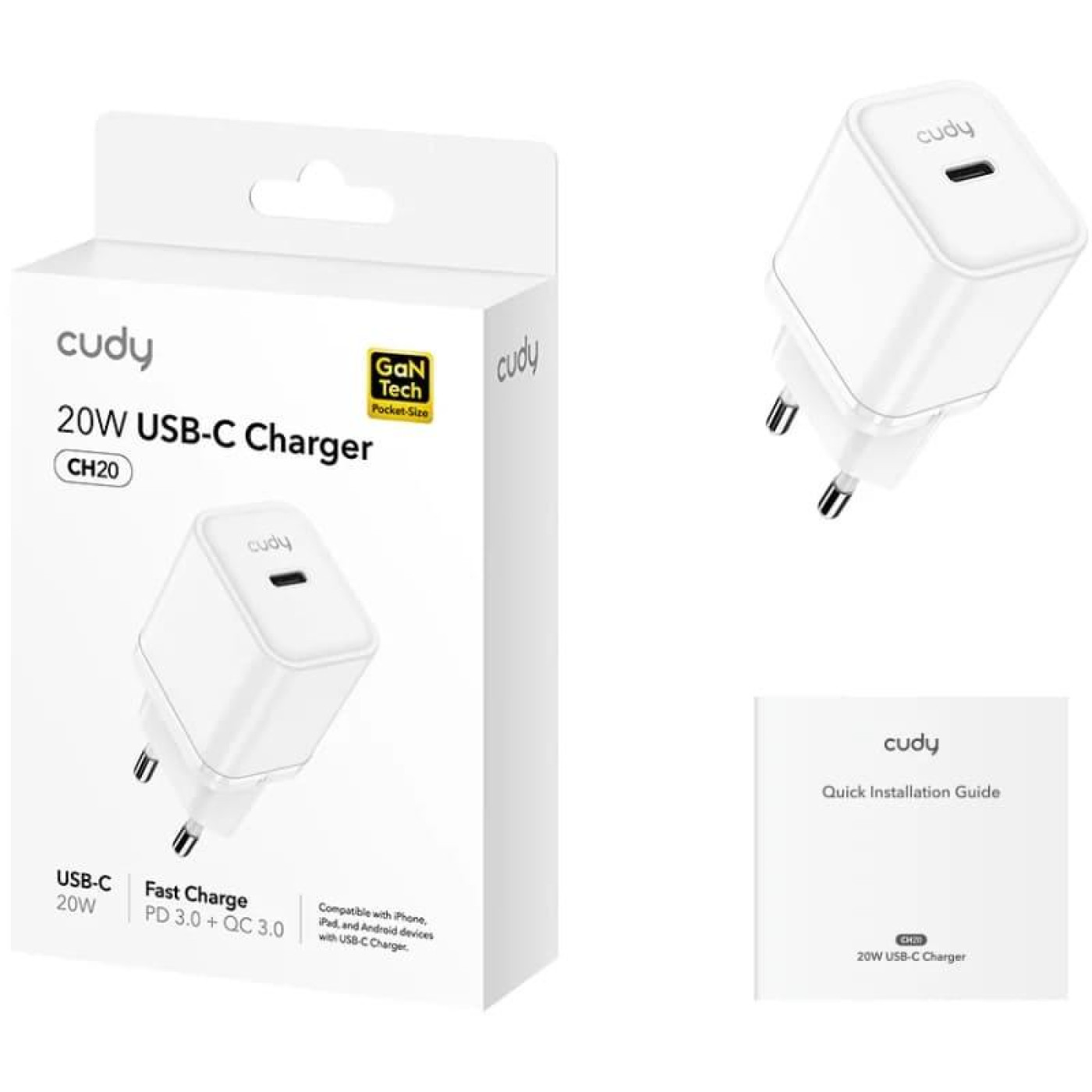 Зарядное устройство Cudy 1xUSB 20W, (GaN, 1хUSB-C, QC+PD 3.0, вилка ЄС, для iPhone серии 12 та новиших мод. (CH20_EU)