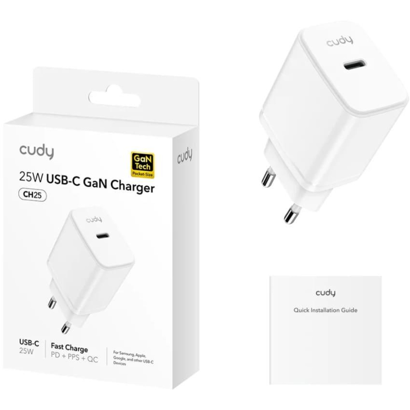 Зарядное устройство Cudy 1xUSB 25W, (GaN, 1хUSB-C, QC+PD 3.0 (CH25_EU)