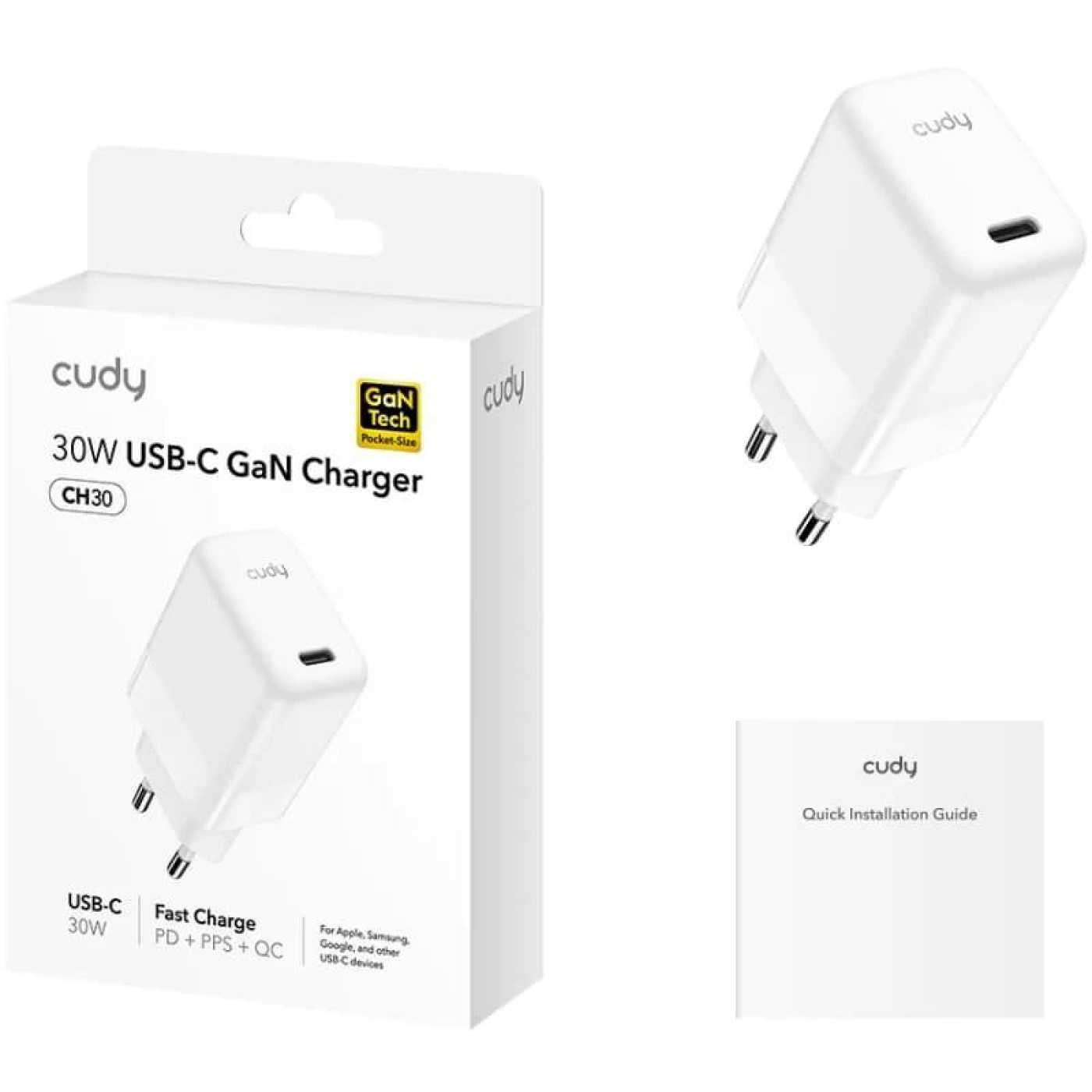 Зарядное устройство Cudy 1xUSB 30W, (GaN, 1хUSB-C, QC+PD 3.0 (CH30_EU)