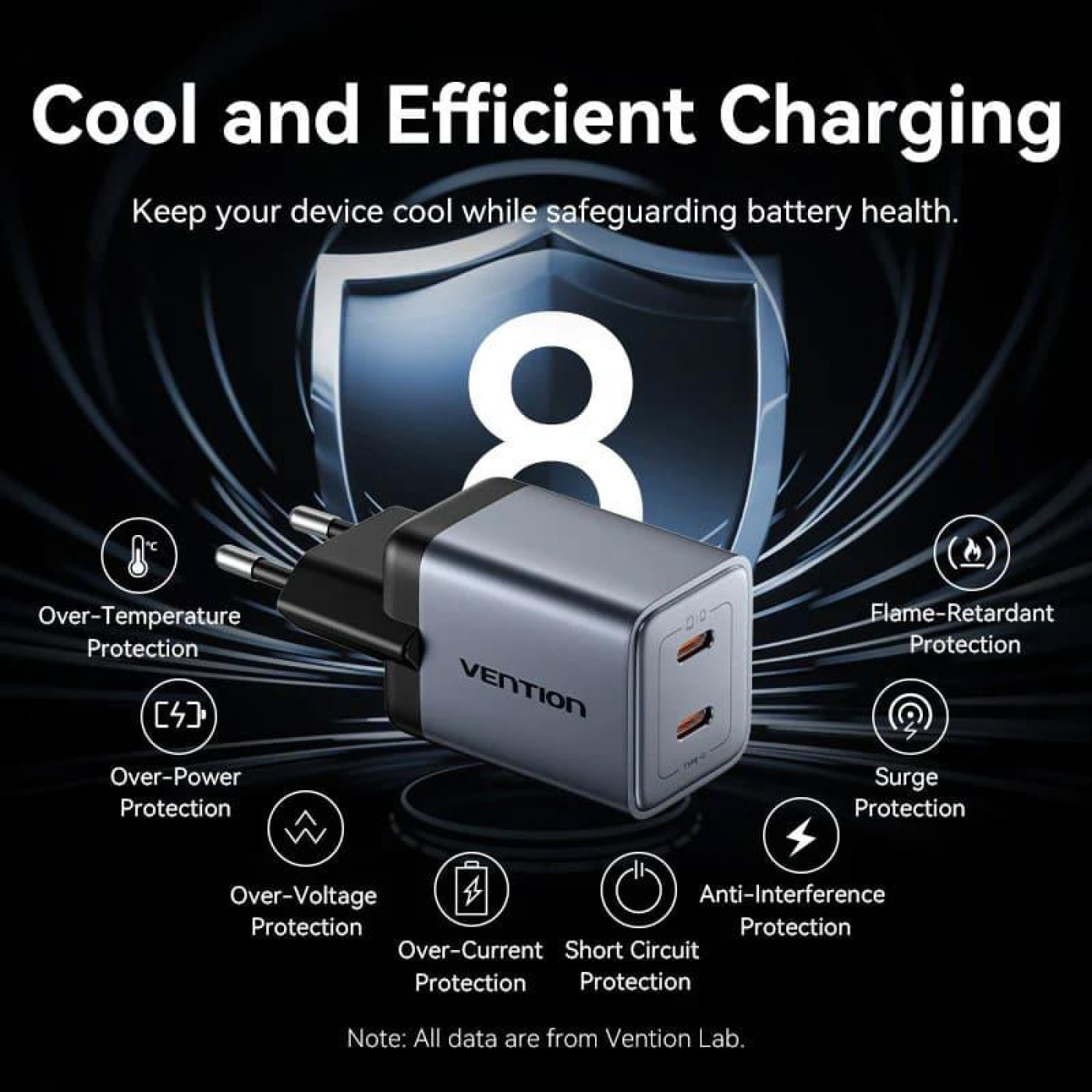 Зарядний пристрій Vention 2xUSB-C 45W PD3.0/QC/GaN + USB-C cable М-М чорний (TZ-FCDH0-EU)