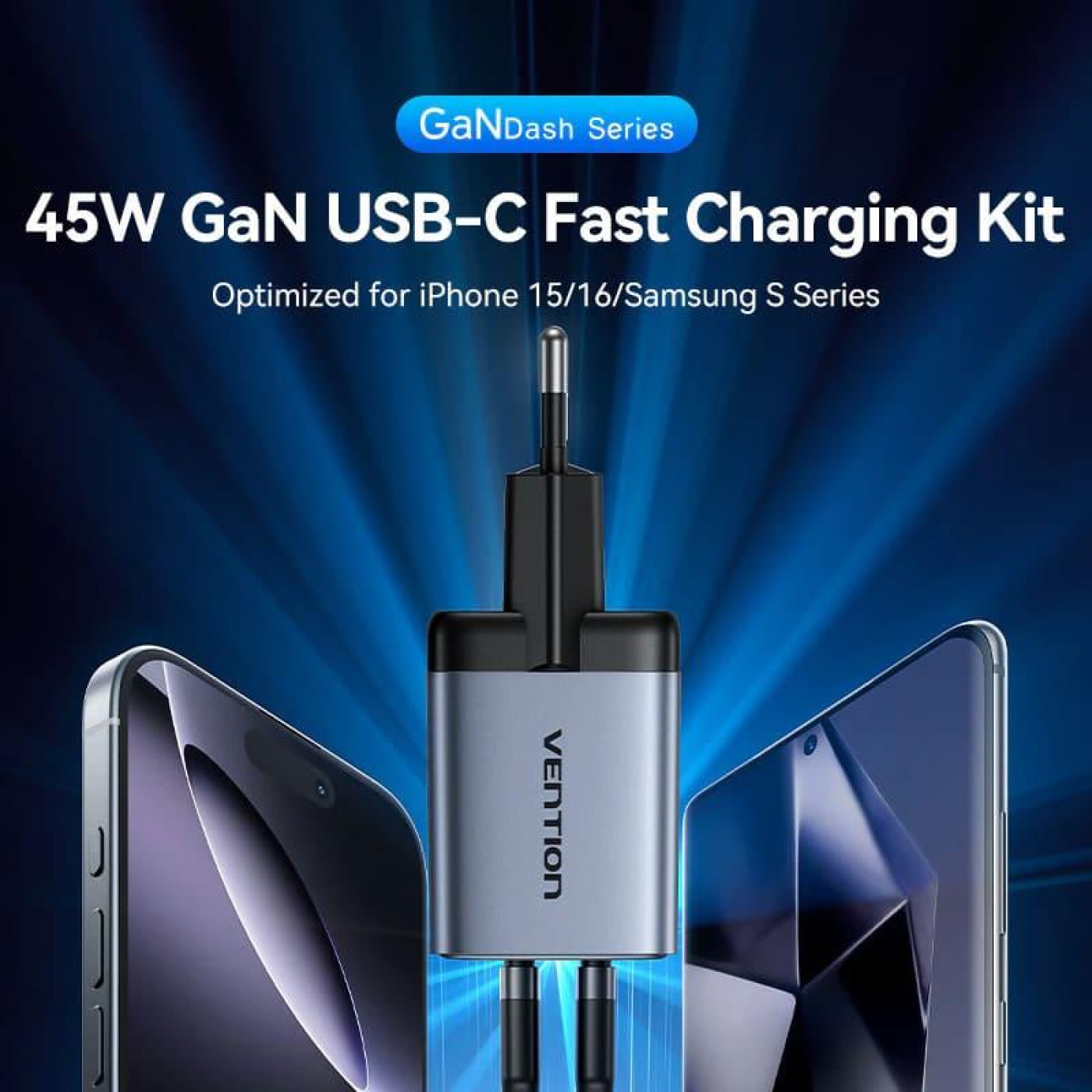Зарядний пристрій Vention 2xUSB-C 45W PD3.0/QC/GaN + USB-C cable М-М чорний (TZ-FCDH0-EU)