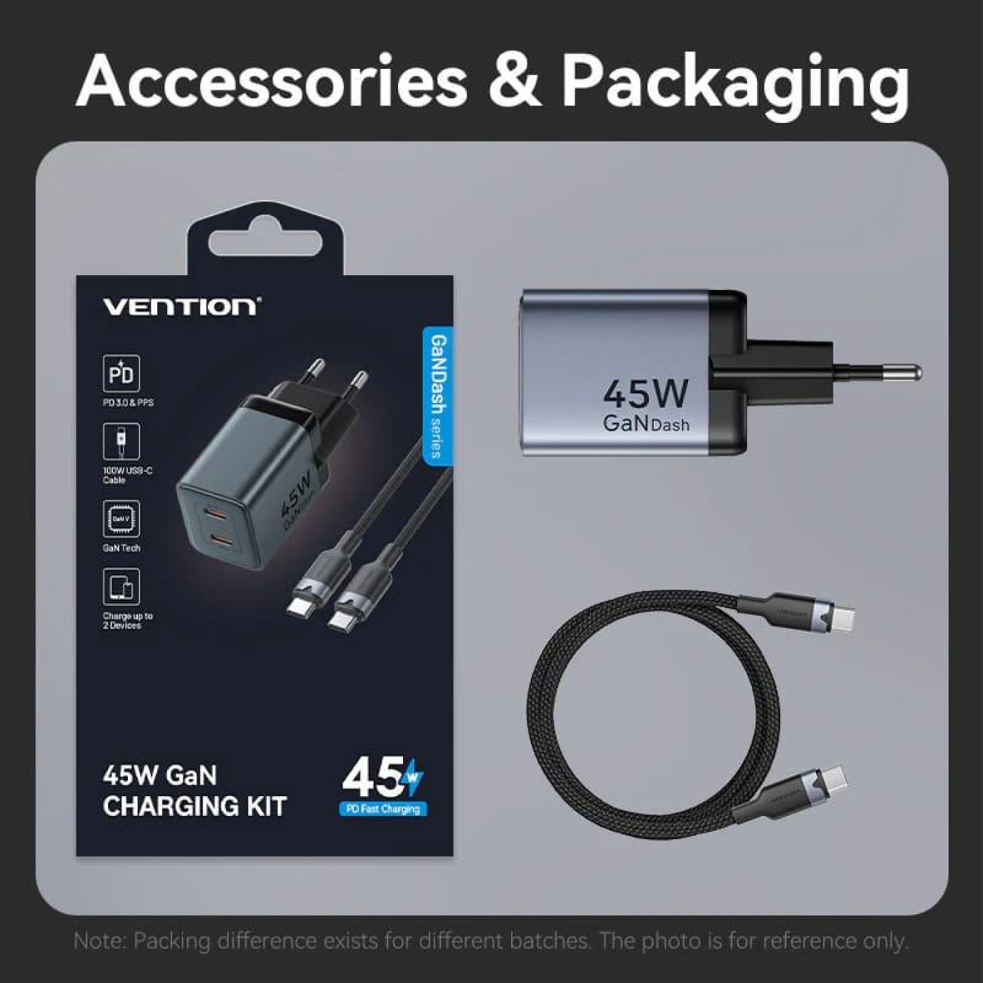 Зарядний пристрій Vention 2xUSB-C 45W PD3.0/QC/GaN + USB-C cable М-М чорний (TZ-FCDH0-EU)