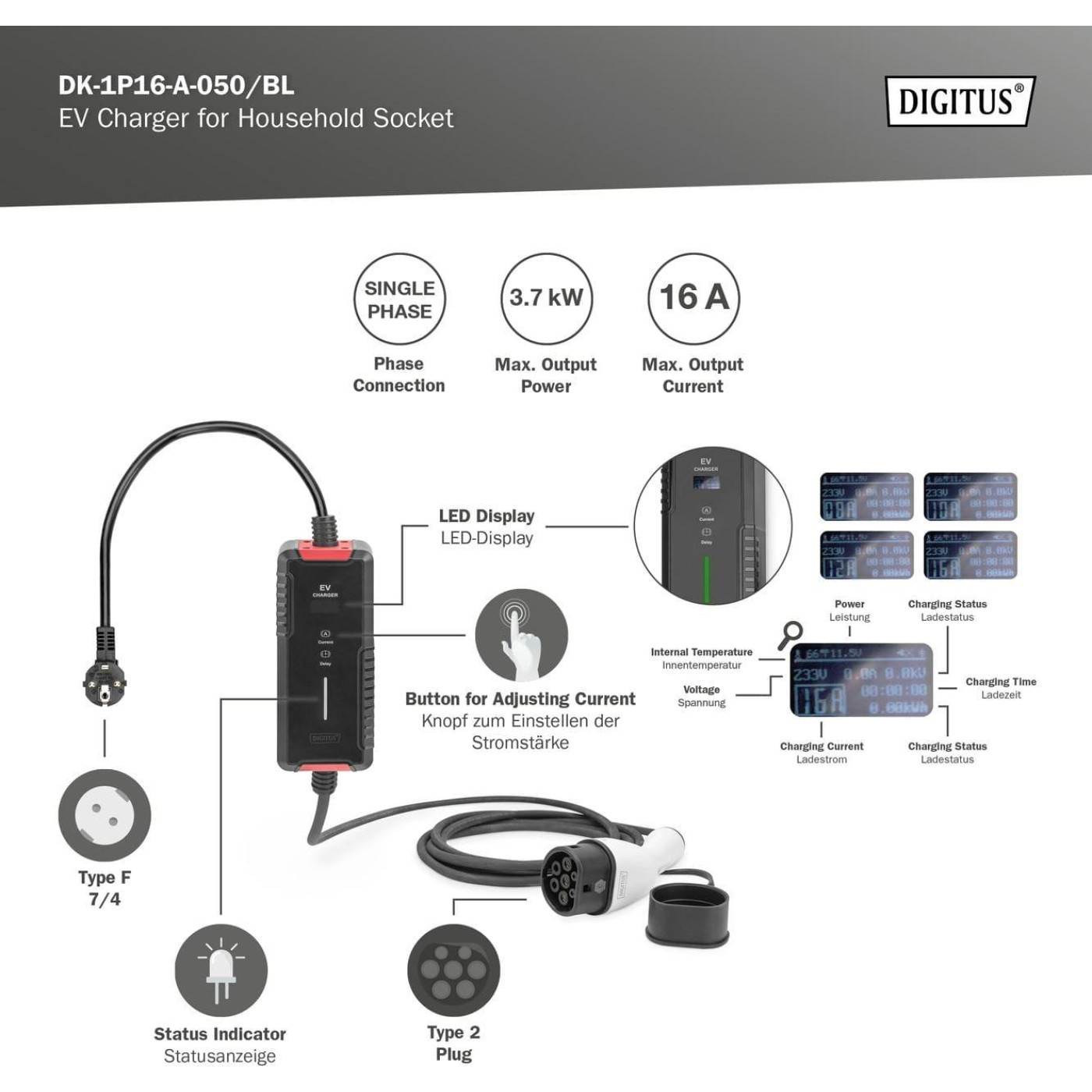 Автомобільний інвертор Digitus EV Single Phase, 3.7kW, 5 m, Schuko to Type 2, з блоком керування та індикуації заряду (DK-1P16-A-050-BL)