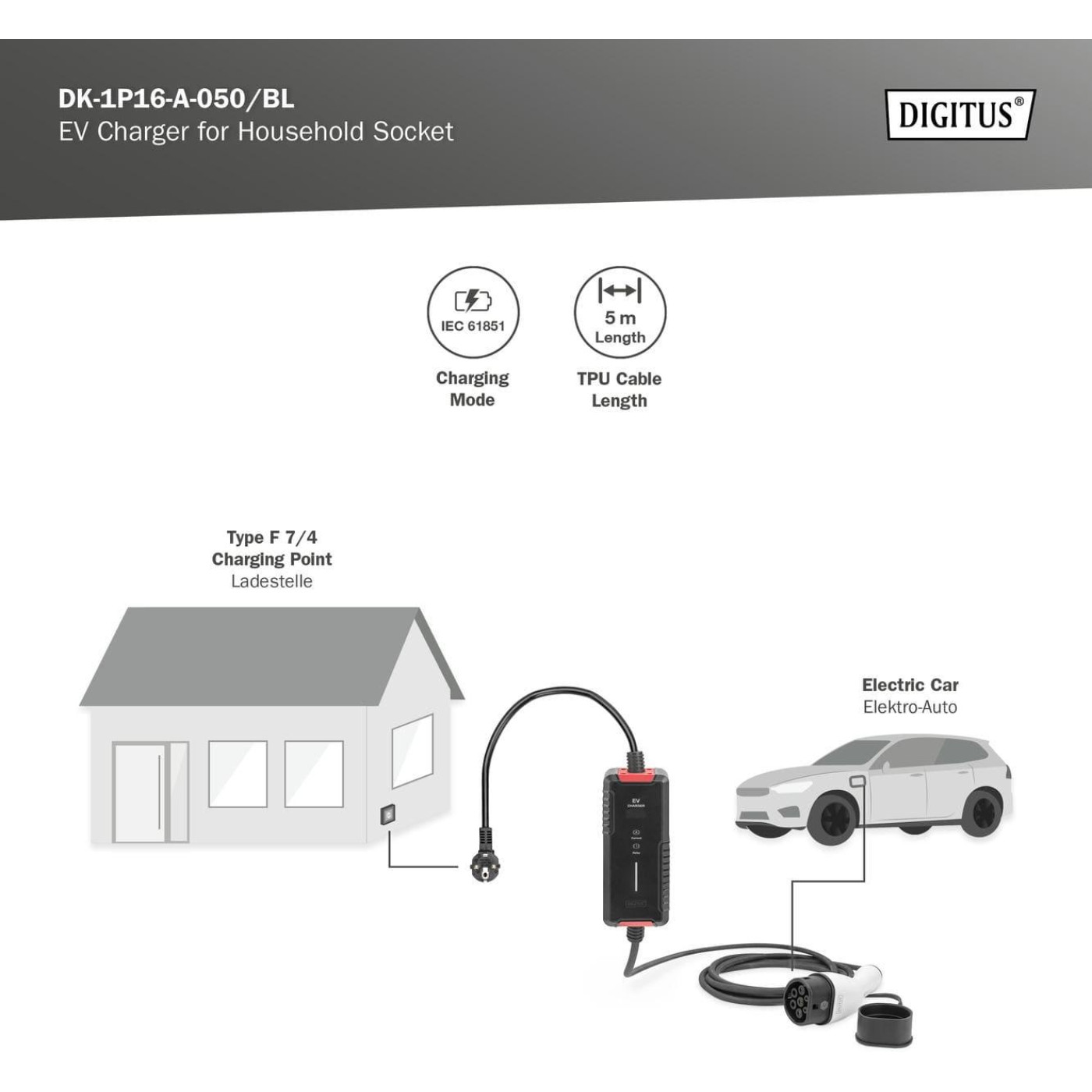 Автомобільний інвертор Digitus EV Single Phase, 3.7kW, 5 m, Schuko to Type 2, з блоком керування та індикуації заряду (DK-1P16-A-050-BL)