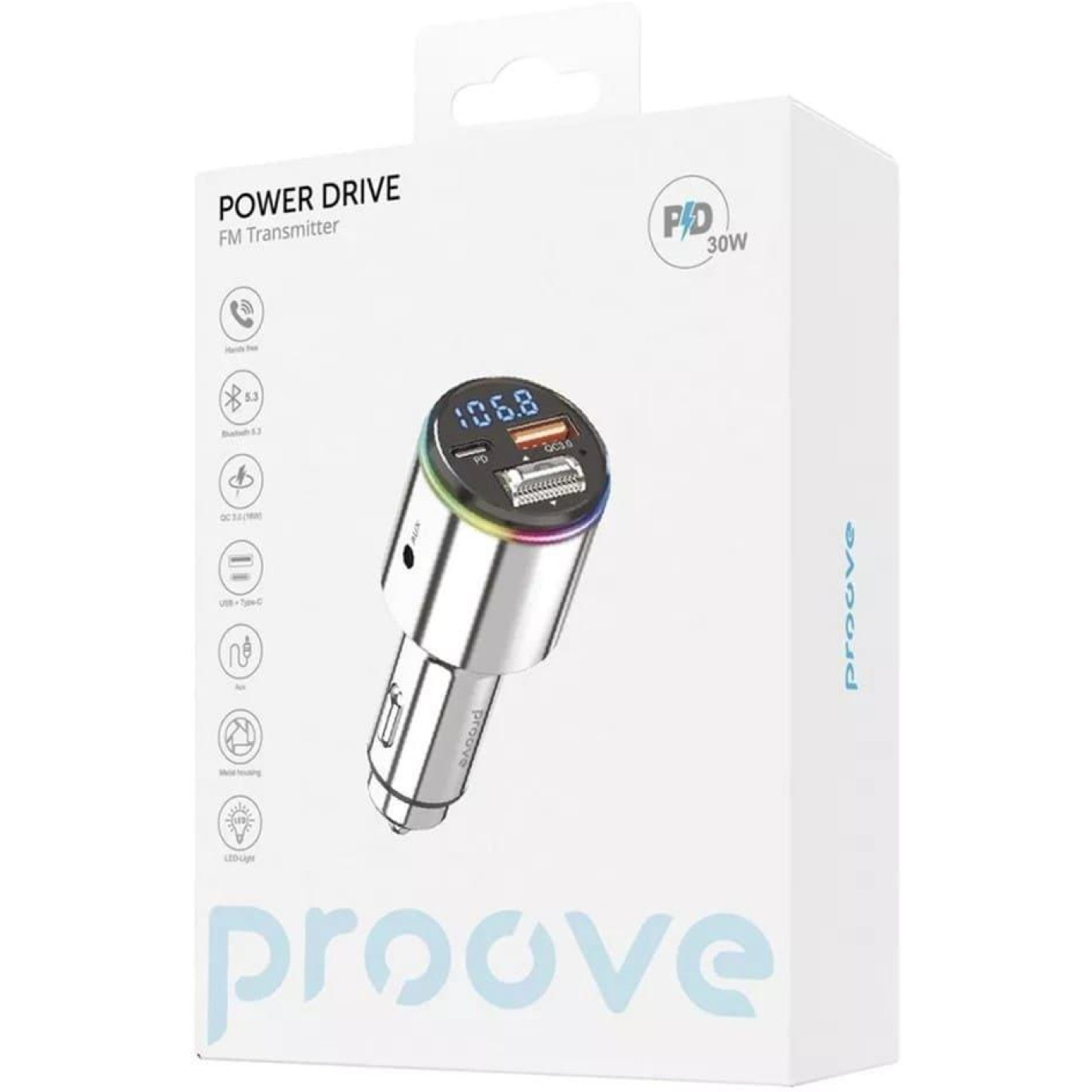 Автомобильное зарядное устройство Proove FM Launcher Power Drive 30W (PD+QC3.0) Type-C+USB silver (FMPD30110006)