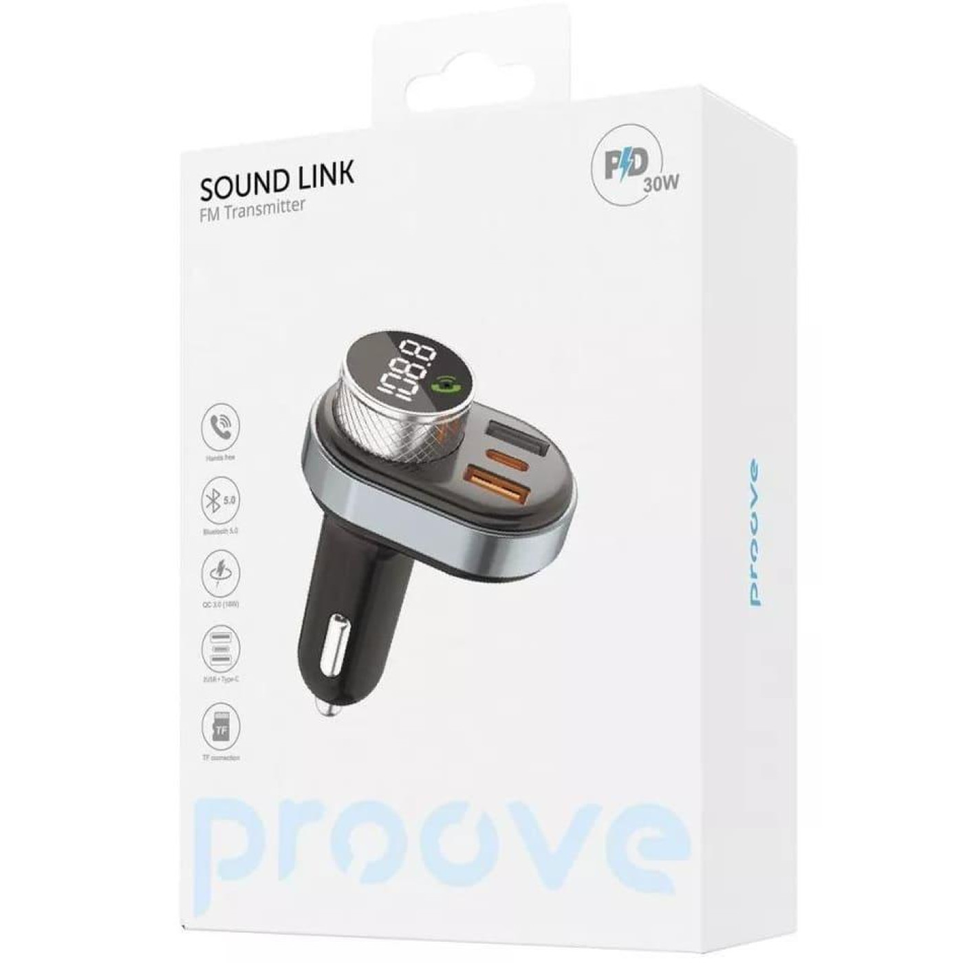 Автомобильное зарядное устройство Proove FM Launcher Sound Link 30W (PD+QC3.0) Type-C+USB black (FMSL30110001)