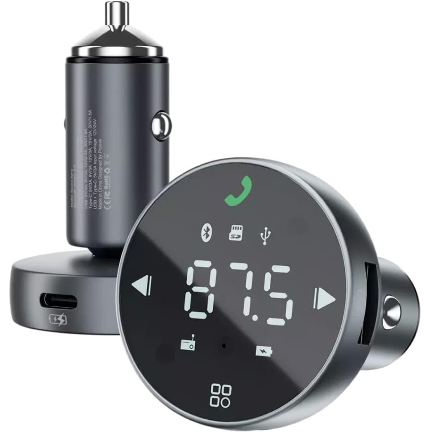 Автомобильное зарядное устройство Proove FM Launcher Sound Sync 30W (PD+QC3.0) Type-C+USB gray (FMSS30110003)