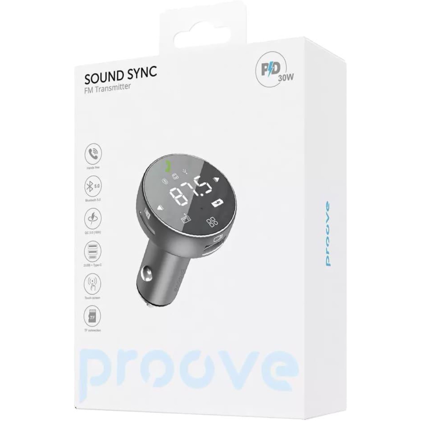 Автомобильное зарядное устройство Proove FM Launcher Sound Sync 30W (PD+QC3.0) Type-C+USB gray (FMSS30110003)