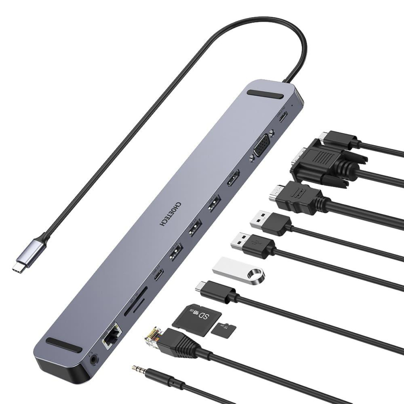 USB-Хаб Choetech USB-C хаб 11-в-1 M20 HDMI 4K@30Hz, VGA, 3 USB-A 3.0, USB-C 3.0, RJ45, USB-C PD, SD-card, TF-card, 3.5mm audio (43-00154)