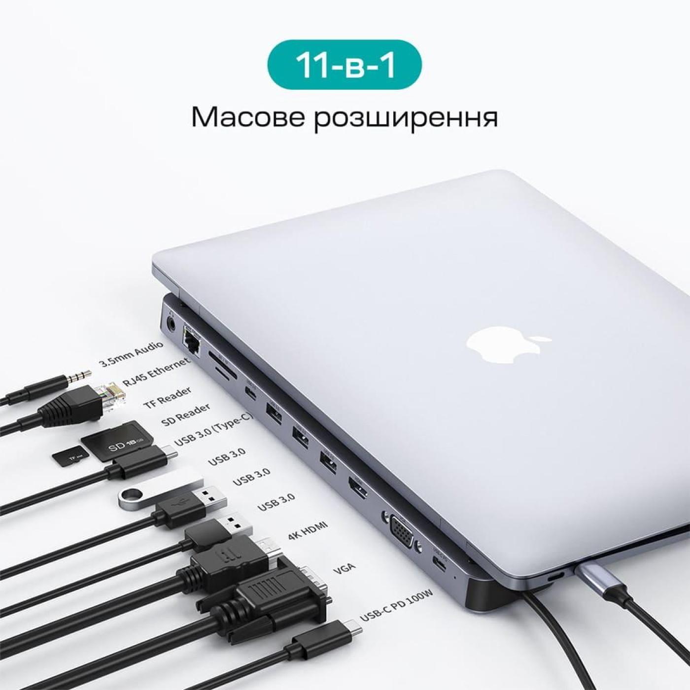 USB-Хаб Choetech USB-C хаб 11-в-1 M20 HDMI 4K@30Hz, VGA, 3 USB-A 3.0, USB-C 3.0, RJ45, USB-C PD, SD-card, TF-card, 3.5mm audio (43-00154)