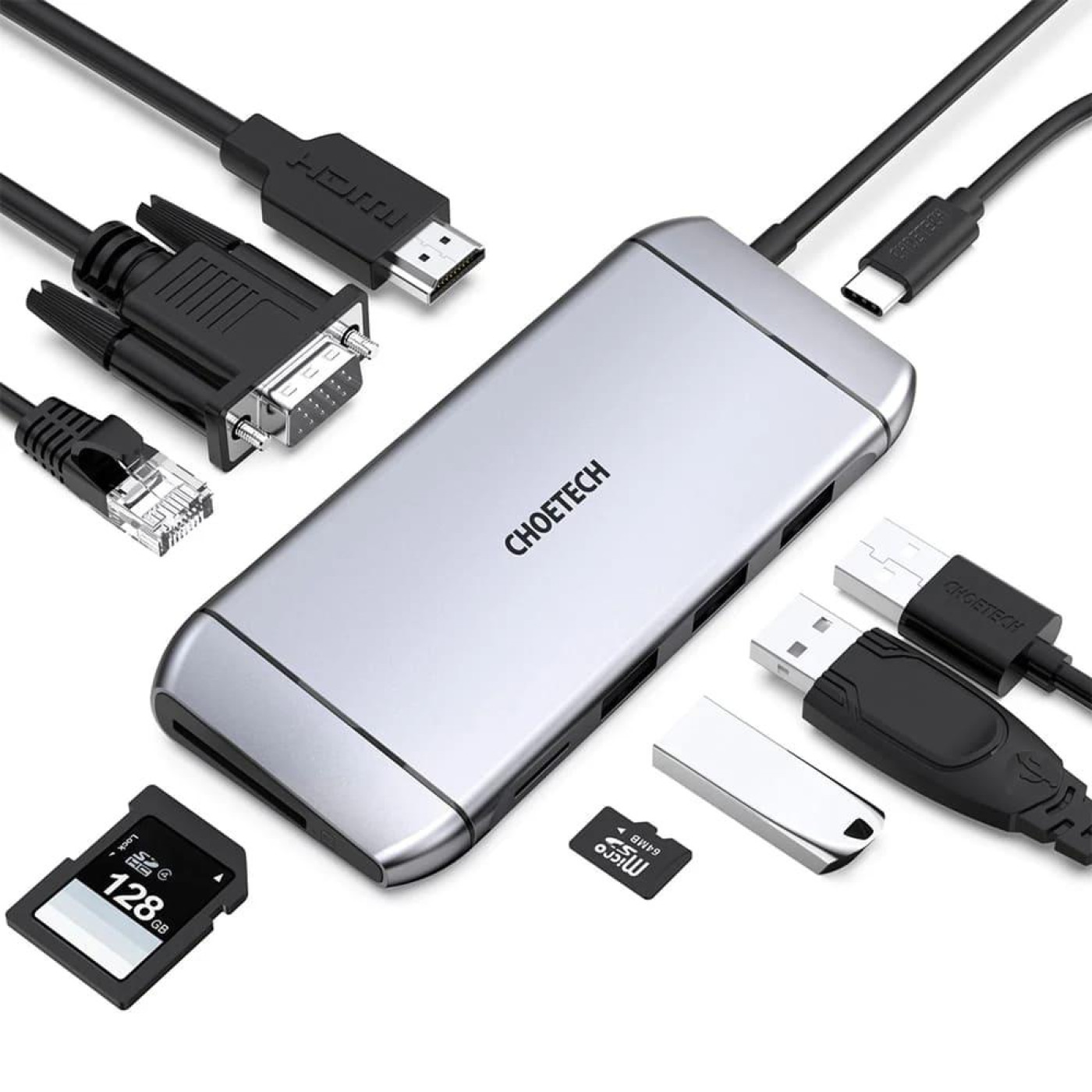 USB-Хаб Choetech USB-C хаб 9-в-1 M15 HDMI 4K@30Hz, VGA, 3 USB3.0, RJ45, USB-C PD, SD-card, TF-card (43-00153)