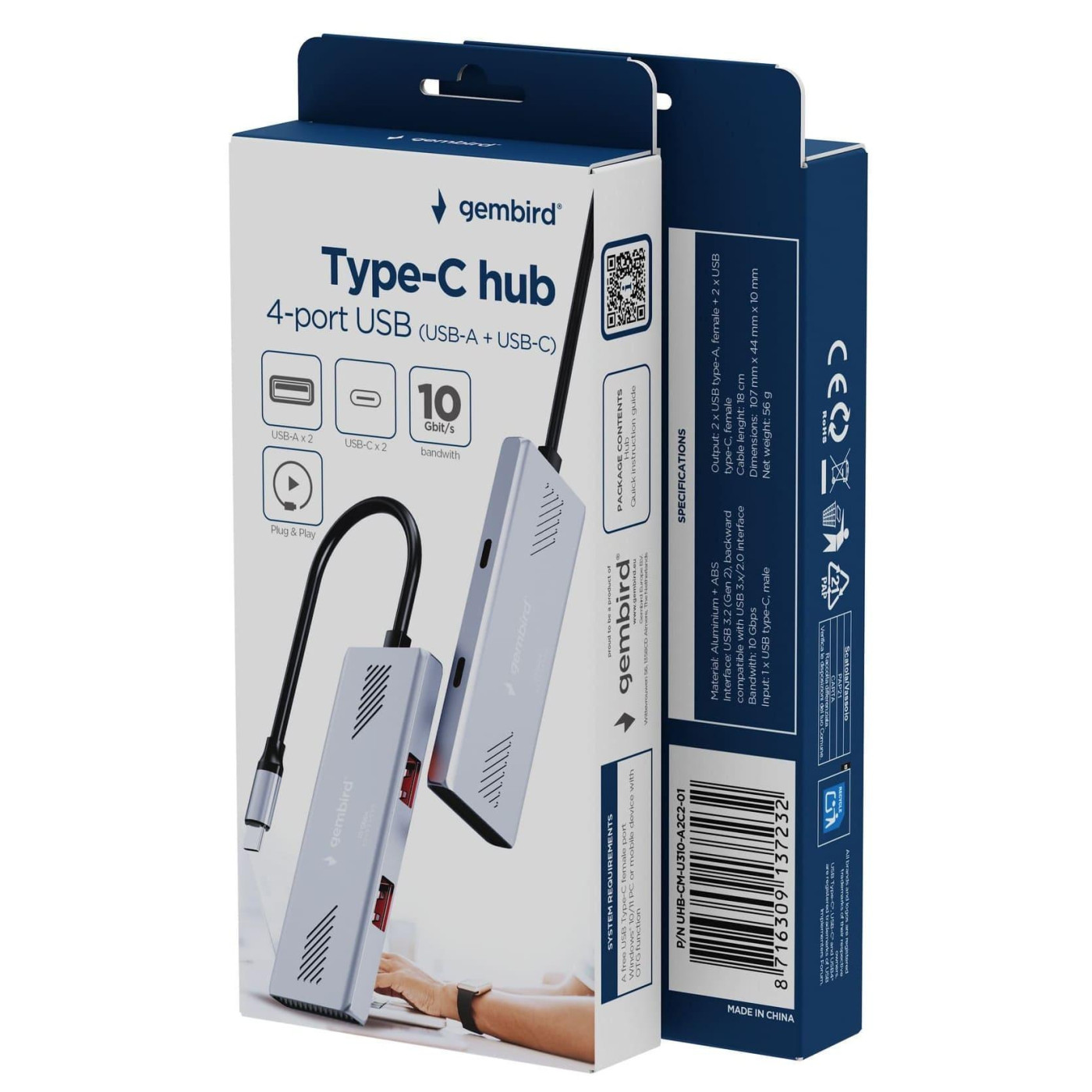 Хаб Gembird UHB-CM-U310-A2C2-01 на 4 порти USB 3.2