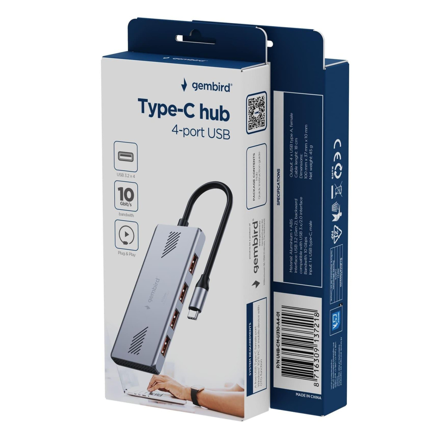 Хаб Gembird UHB-CM-U310-A4-01 на 4 порти USB 3.2