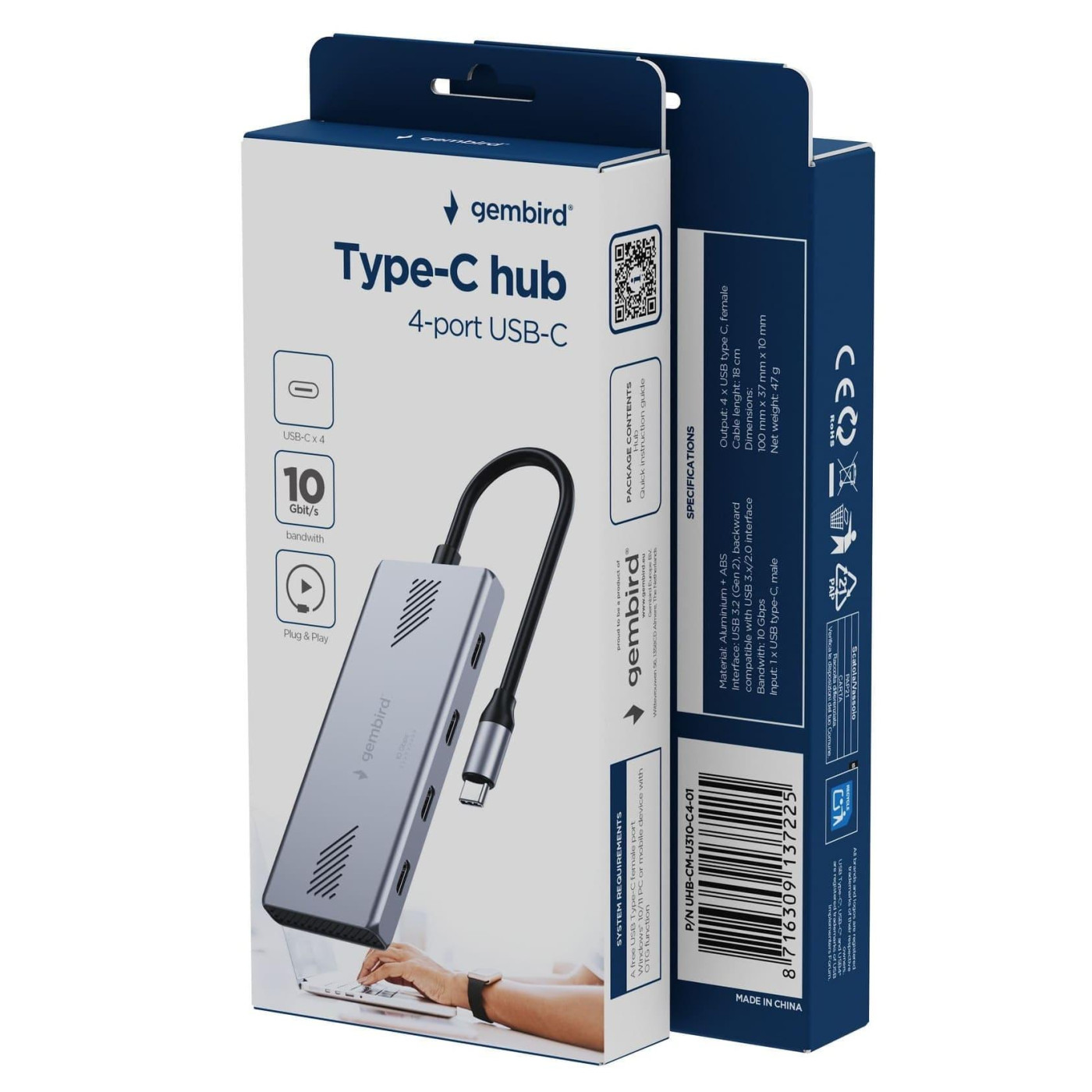 Хаб Gembird UHB-CM-U310-C4-01 на 4 порти USB 3.2
