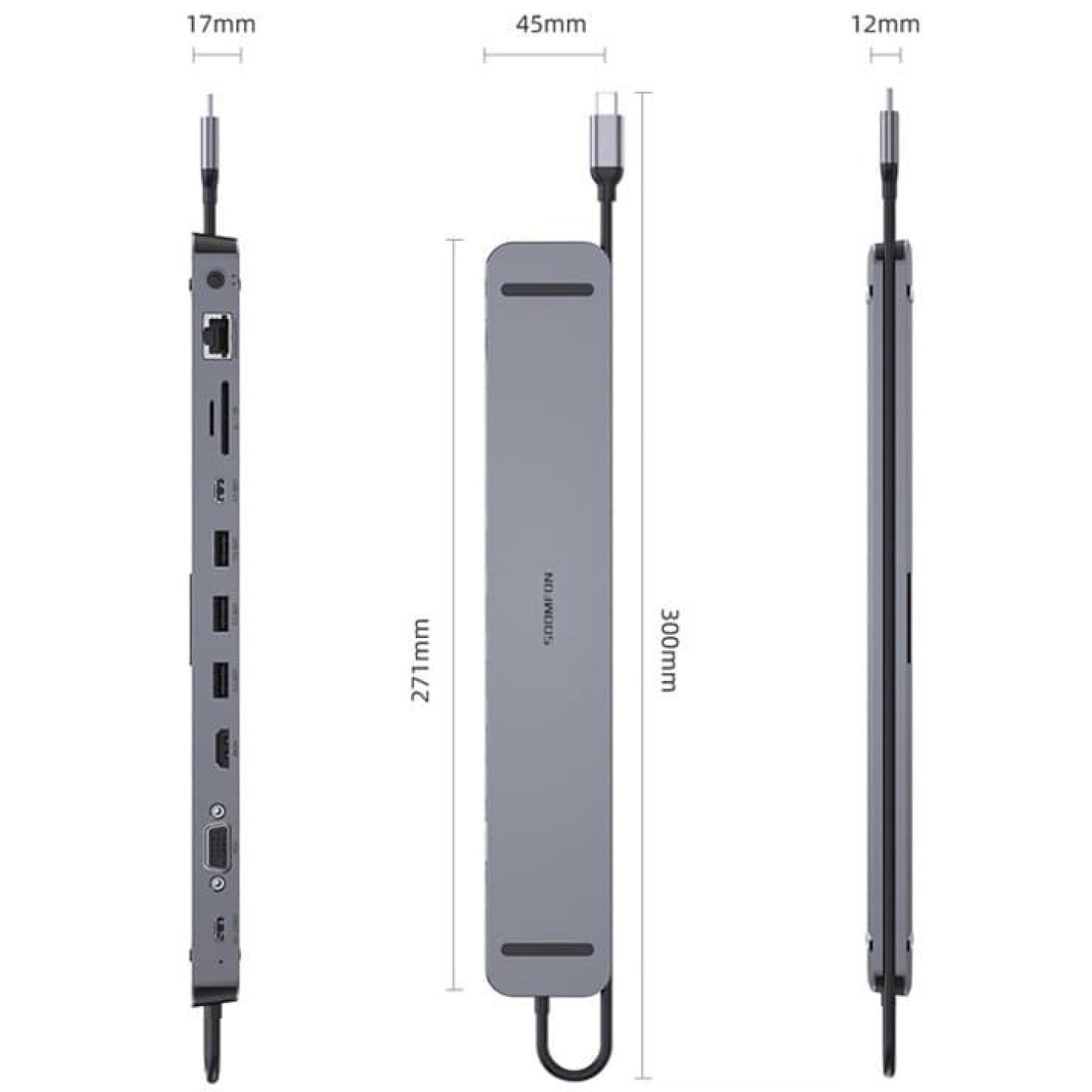 USB-Хаб Real-EL CQ-1000 USB3.0х3/USB-C/HDMI/VGA/RJ45/SD/TF/3.5 mm audio, 0.4m, Space Grey UAH (EL123110005)