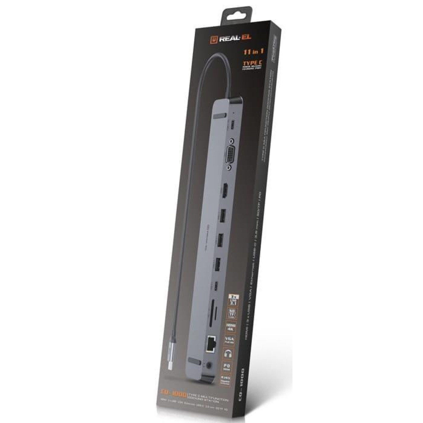 USB-Хаб Real-EL CQ-1000 USB3.0х3/USB-C/HDMI/VGA/RJ45/SD/TF/3.5 mm audio, 0.4m, Space Grey UAH (EL123110005)