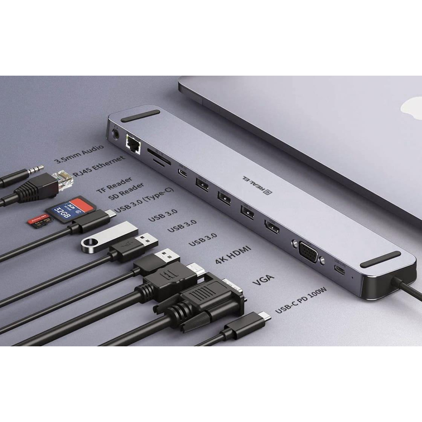 USB-Хаб Real-EL CQ-1000 USB3.0х3/USB-C/HDMI/VGA/RJ45/SD/TF/3.5 mm audio, 0.4m, Space Grey UAH (EL123110005)