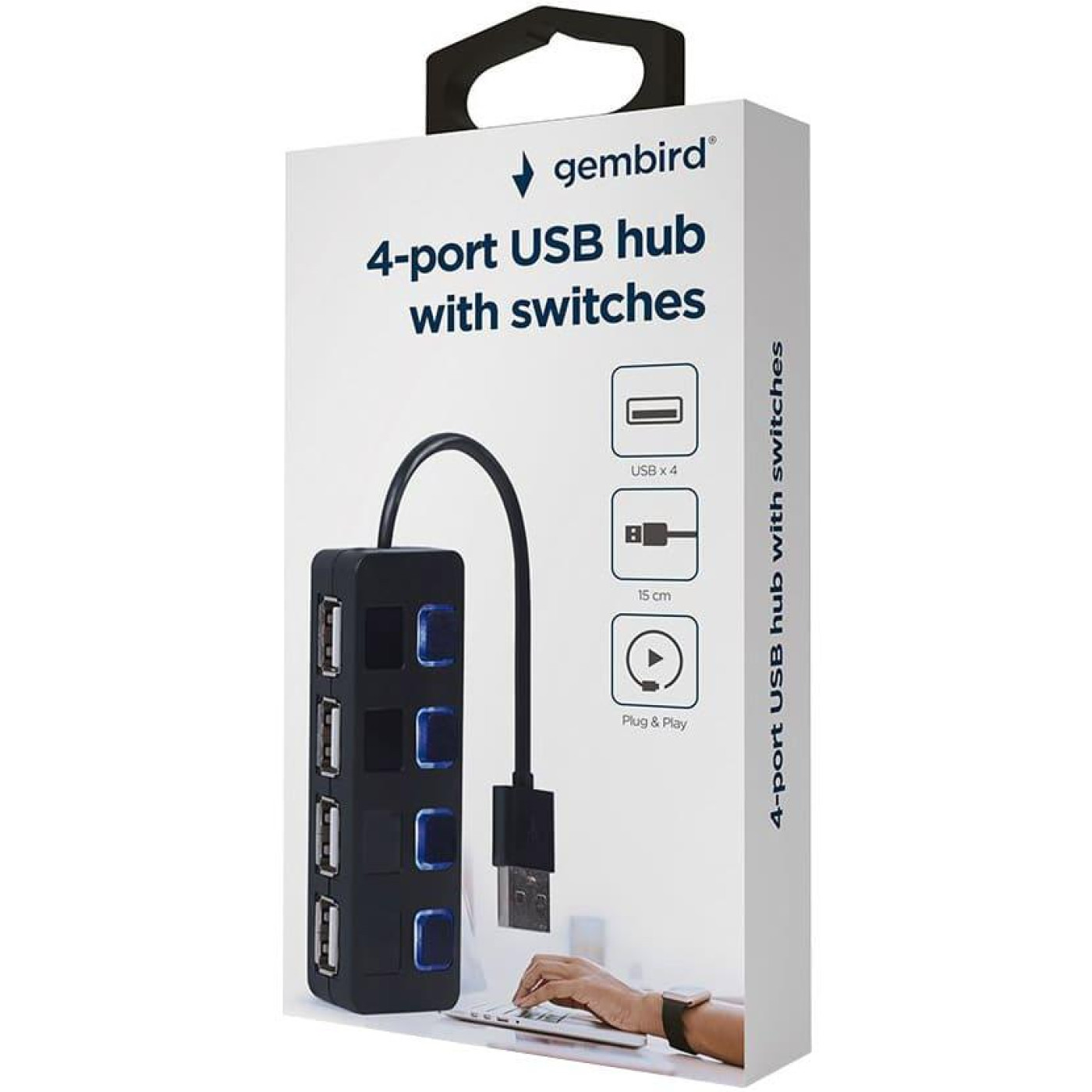 USB-Хаб Gembird 4 порти USB 2.0 UHB-U2P4-05, пластик, чорний (UHB-U2P4-05)