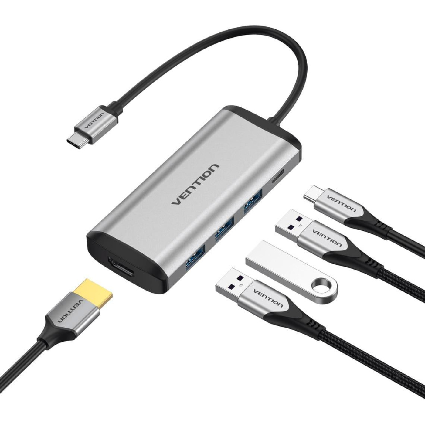 USB-Хаб Vention Type-C to HDMI/USB3.0*3/PD Converter 0.15M Gray Metal Type (CNBHB)