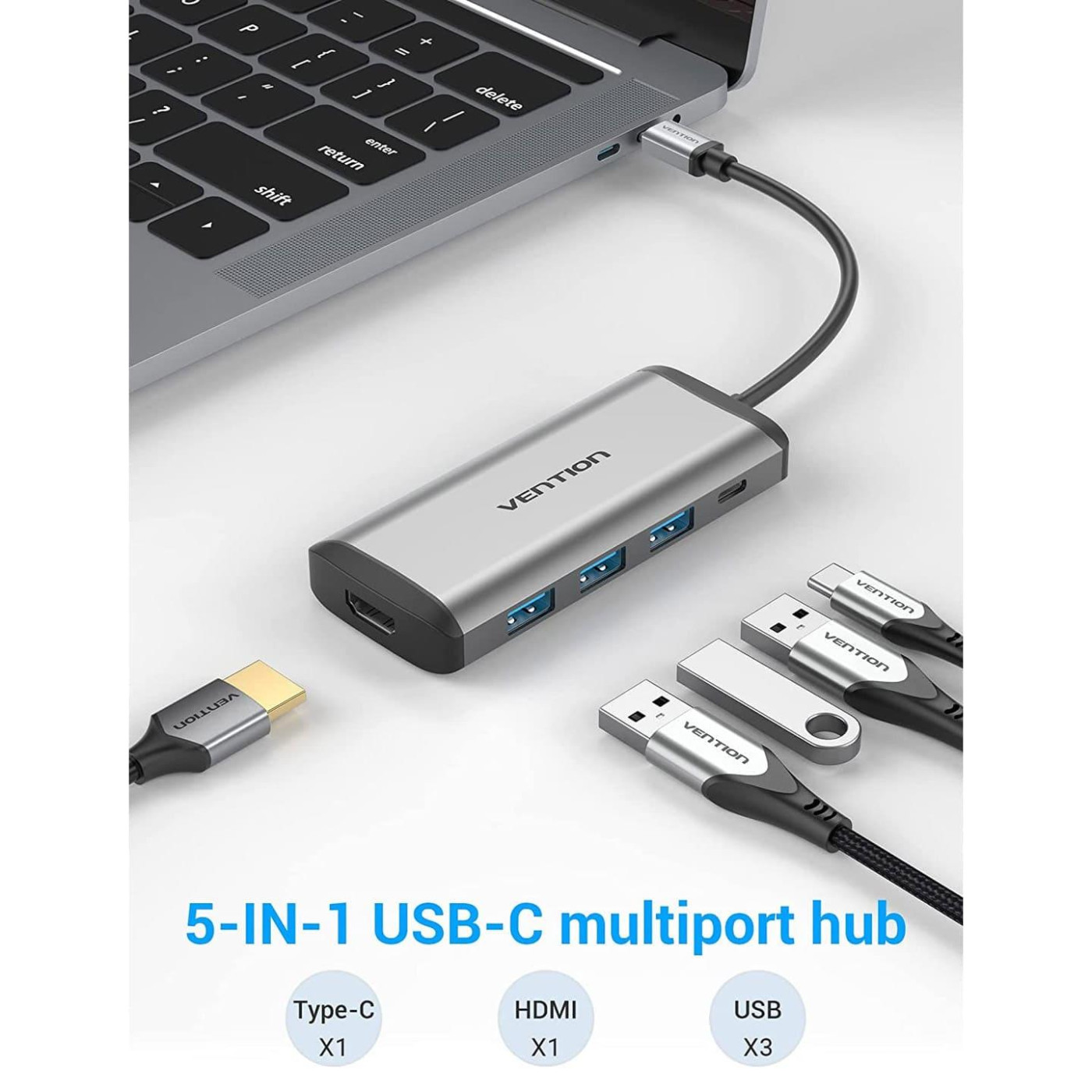 USB-Хаб Vention Type-C to HDMI/USB3.0*3/PD Converter 0.15M Gray Metal Type (CNBHB)
