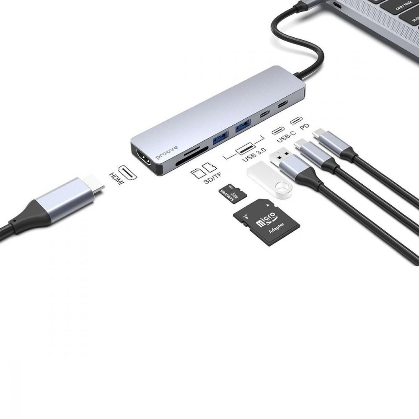 USB-Хаб Proove Type-C-Хаб Iron Link 7 in 1 (2*Type-C + 2*USB3.0 + HDMI + SD/TF) silver (HBIL00222004)
