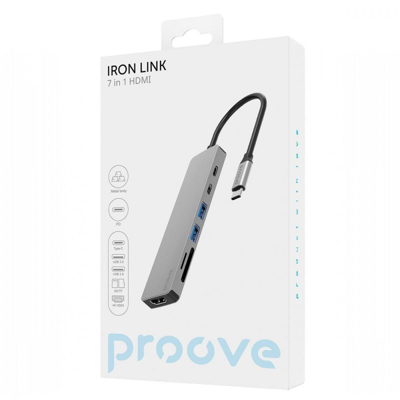 USB-Хаб Proove Type-C-Хаб Iron Link 7 in 1 (2*Type-C + 2*USB3.0 + HDMI + SD/TF) silver (HBIL00222004)