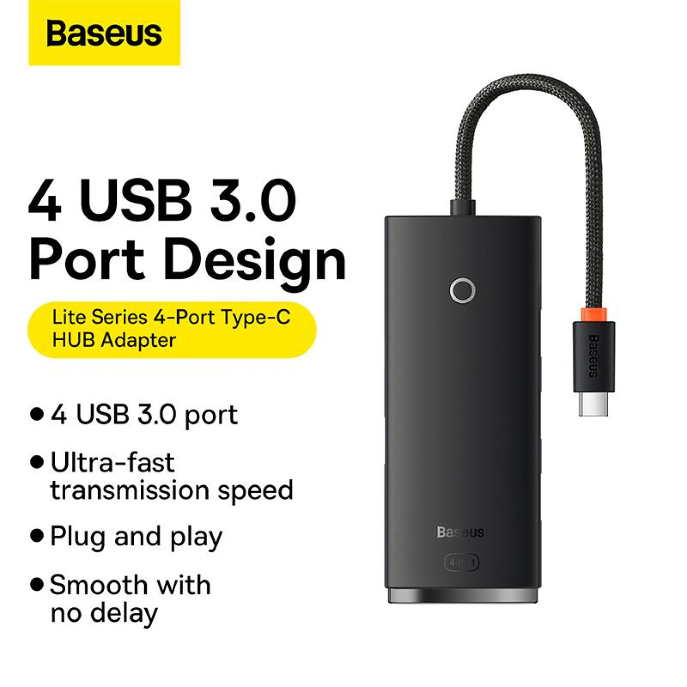 USB-Хаб Baseus Lite Series 4-Port Type-C HUB Adapter (Type-C to USB 3.0*4) 25cm Black (WKQX030301)
