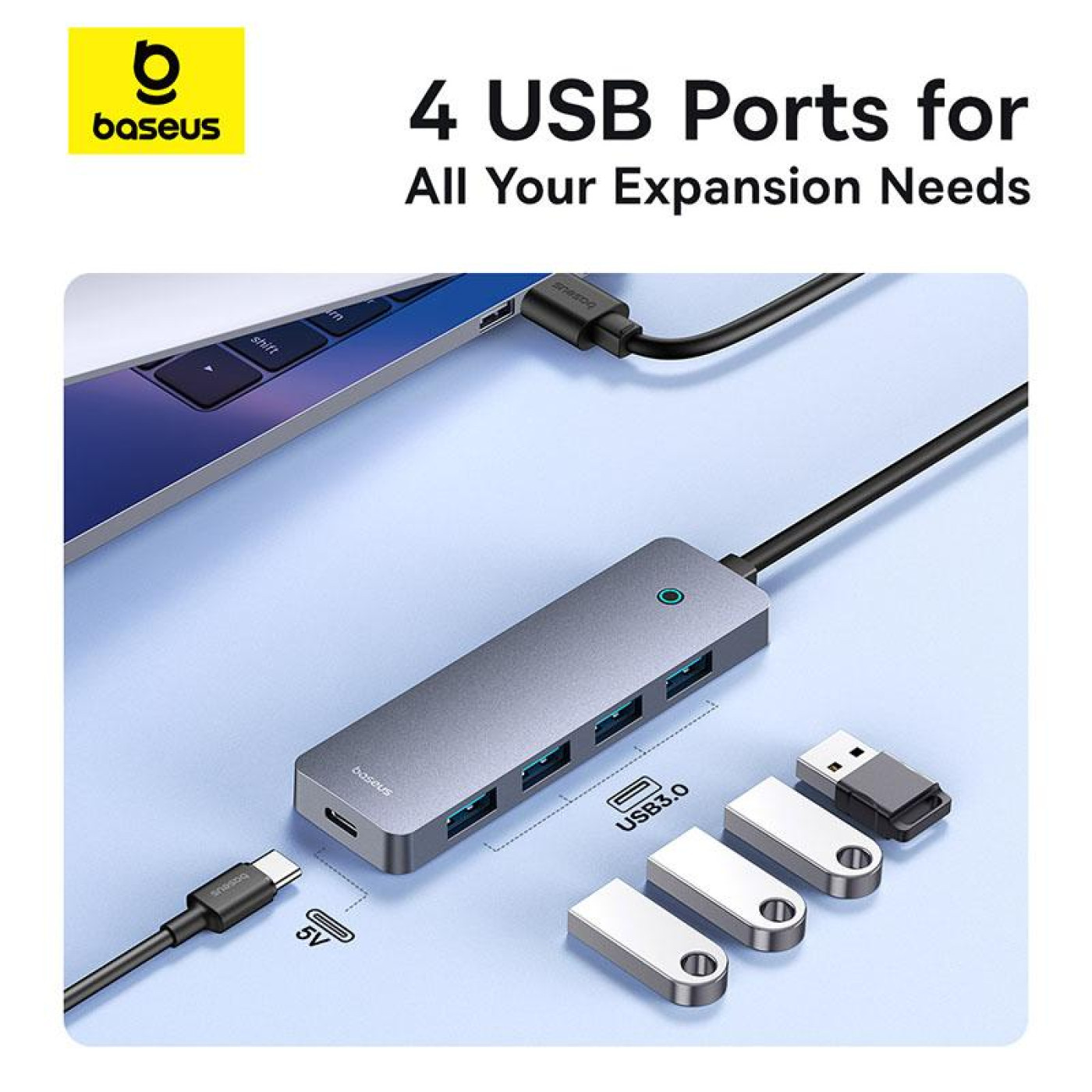 USB-Хаб Baseus UltraJoy Series 4-Port HUB Lite 50cm Space Grey （USBA to USB3.0*4+Type-C5V） (B0005280B811-01)