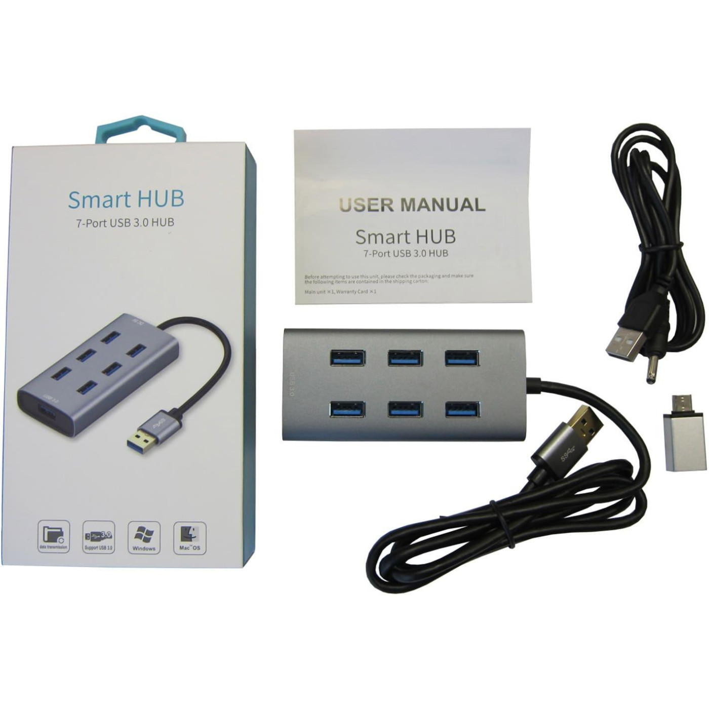 USB-Хаб Maiwo USB 3.0 Type-A / Type-C to 7х USB3.0-порта, кабель 100 см, метал, без БП, серебристий (KH700)