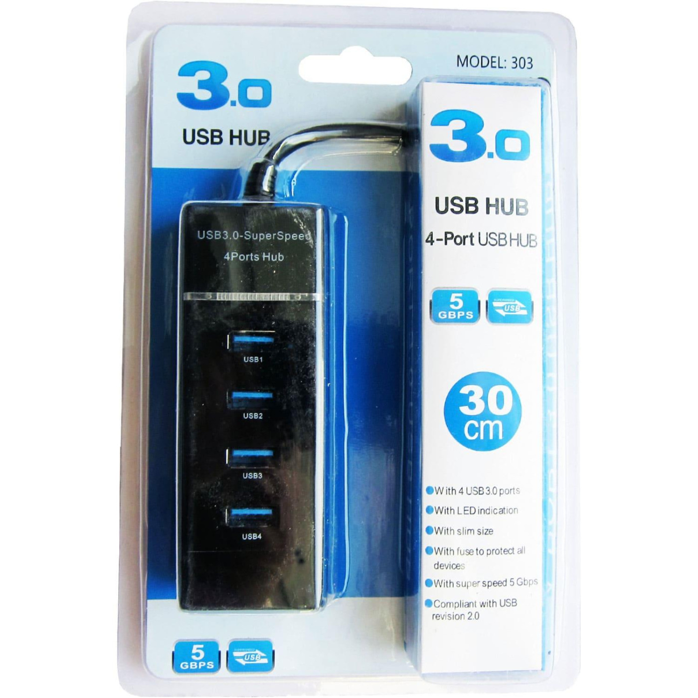 USB-Хаб Maiwo USB Type-C to 4х USB3.0-порта, кабель 29 см, пластик, без БП, черний (KH303)