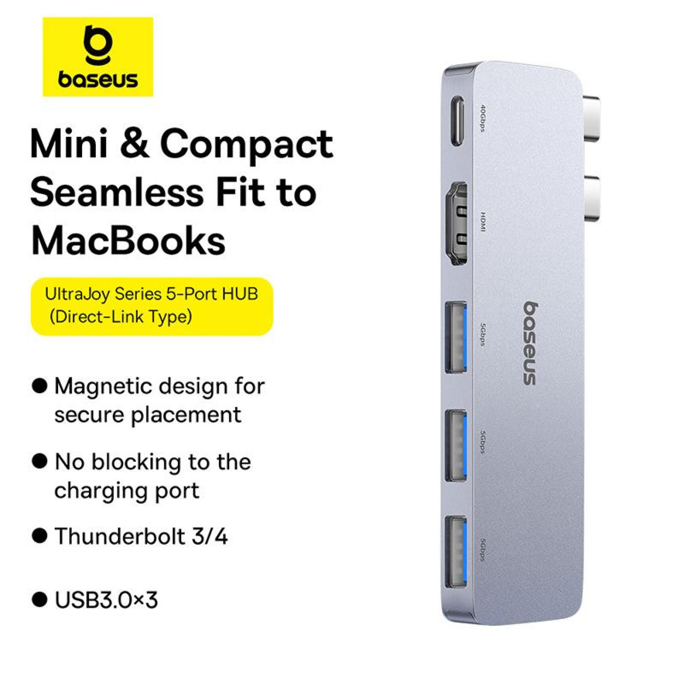 USB-Хаб Baseus UltraJoy Series 5-Port HUB Space Grey (USB-C*2 to USB-C 40Gbps*1+HDMI 4K@30Hz*1+USB3.0*3 (B00052801811-04)