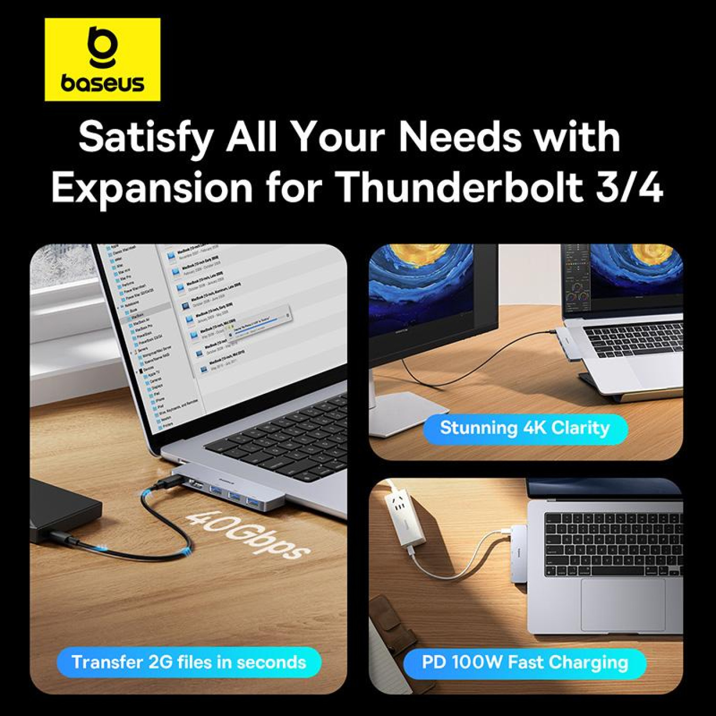 USB-Хаб Baseus UltraJoy Series 5-Port HUB Space Grey (USB-C*2 to USB-C 40Gbps*1+HDMI 4K@30Hz*1+USB3.0*3 (B00052801811-04)