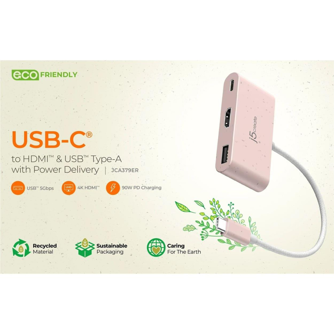 Багатопортовий мультиадаптер J5create JCA379ER-N, USB Type-C 3-в-1 рожевий