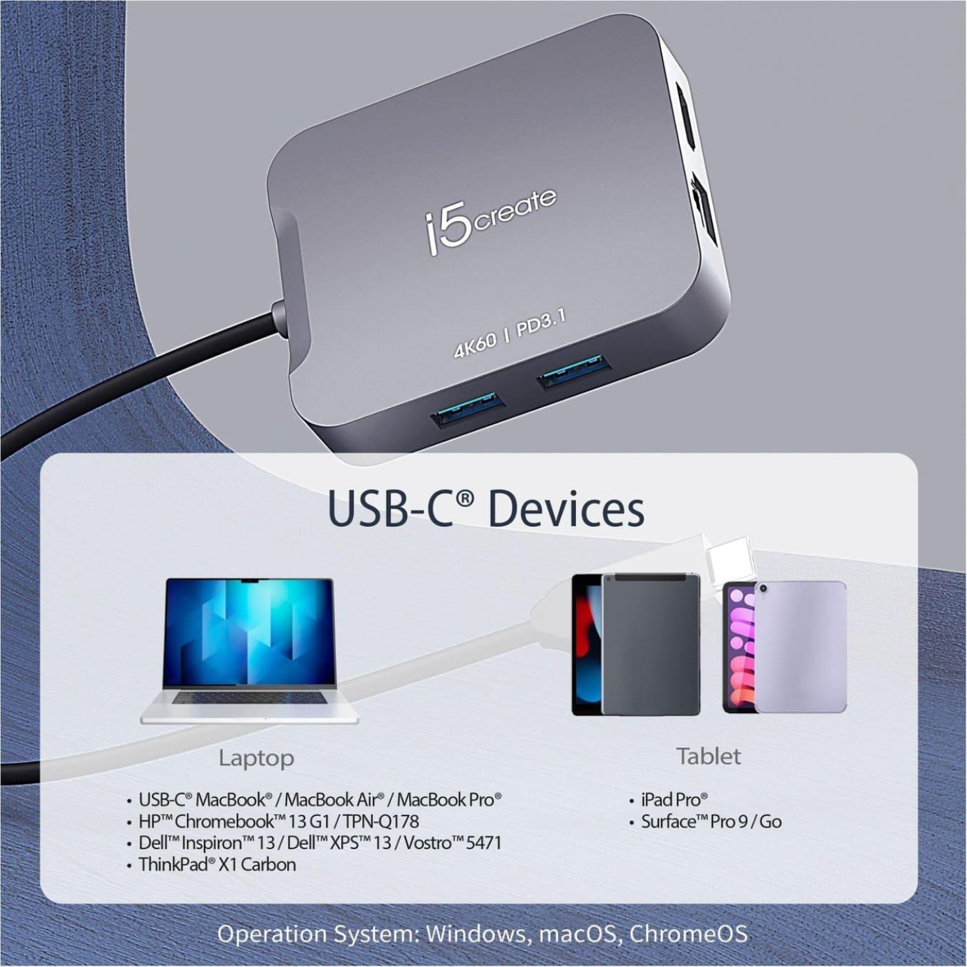 Багатопортовий мультиадаптер J5create JCD3191-N, USB Type-C 5-в-1 білий