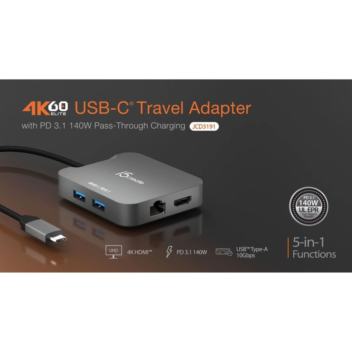 Багатопортовий мультиадаптер J5create JCD3191-N, USB Type-C 5-в-1 білий