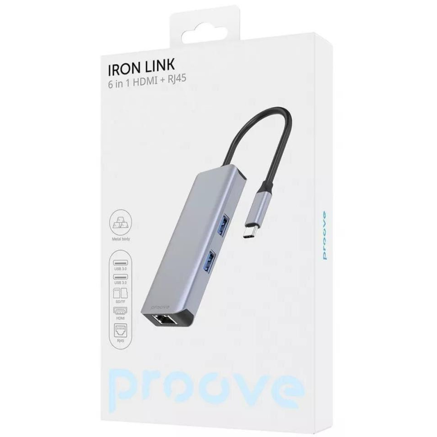 USB-Хаб Proove Type-C-Хаб Iron Link 6 in 1 (2*USB3.0 + SD/TF + RJ45 + HDMI) silver (HBI700010004)