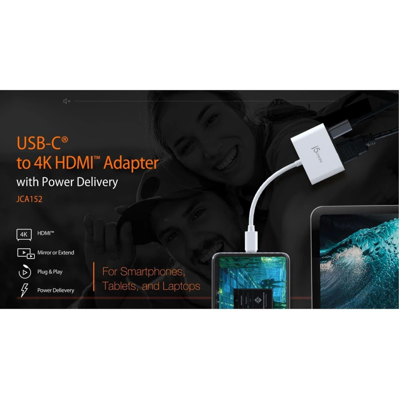 Багатопортовий мультиадаптер J5create JCA152-N, USB-C 2-в-1 білий