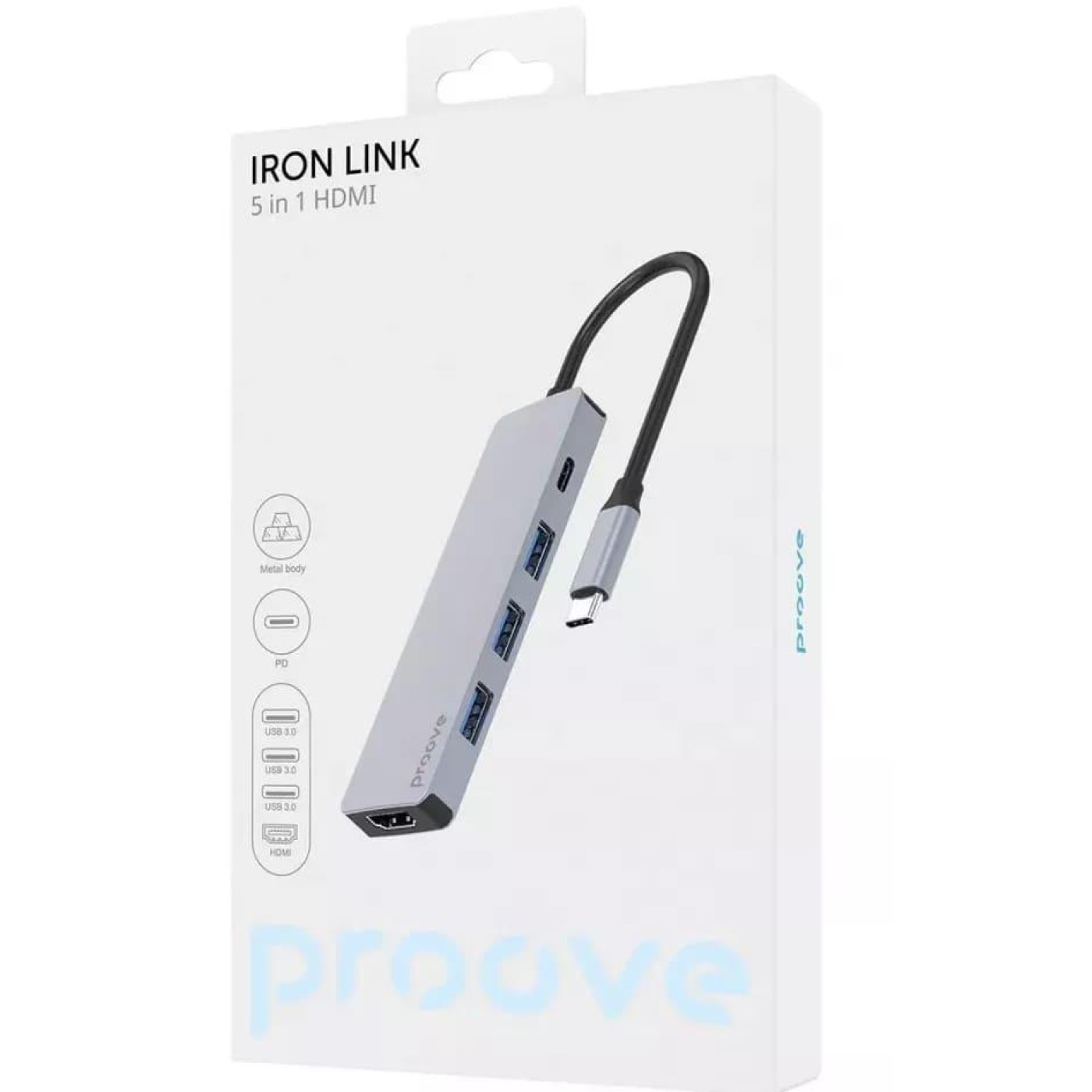 USB-Хаб Proove Type-C-Хаб Iron Link 5 in 1 (3*USB3.0 + Tyce C + HDMI) silver (HBIL00010604)