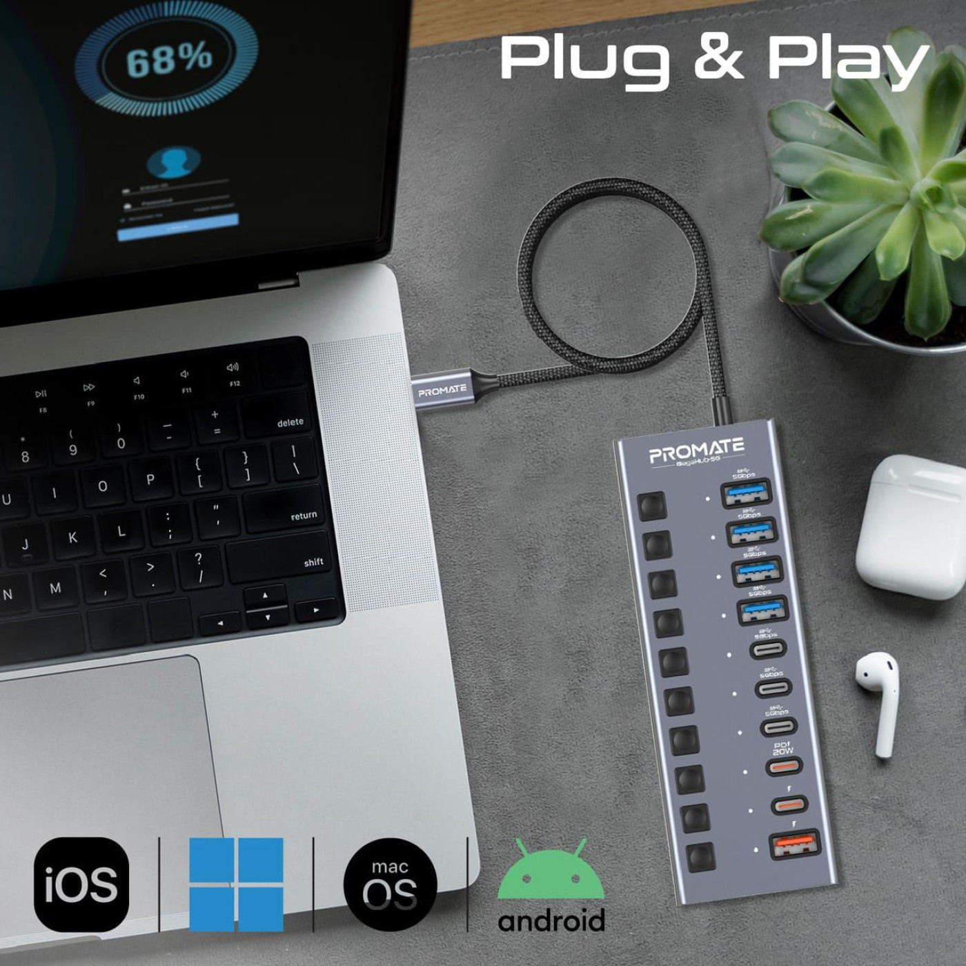 USB-Хаб Promate на 10 портив (gegahub-5g)