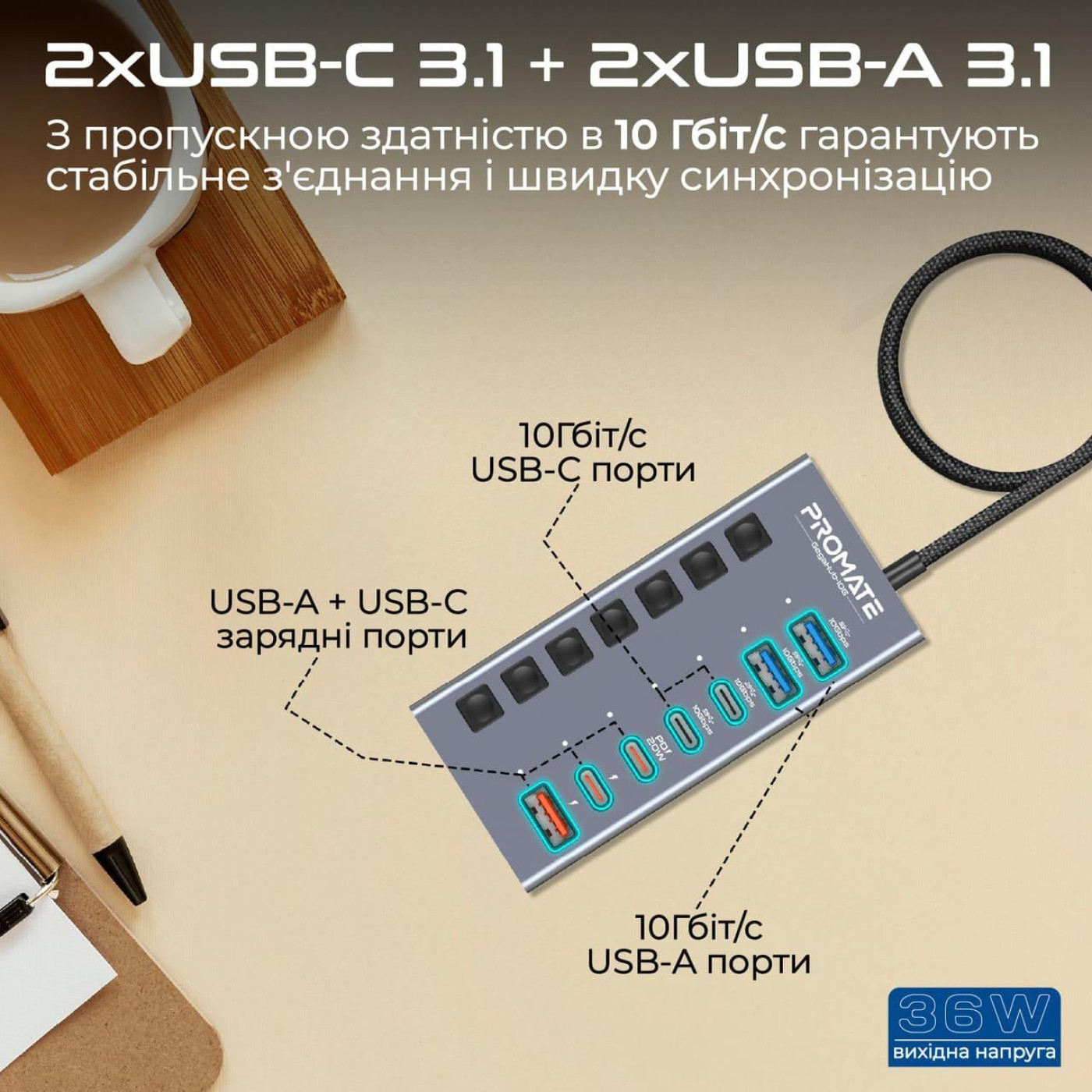 USB-Хаб Promate на 7 портив (gegahub-10g)