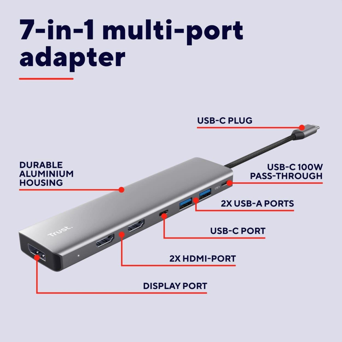 USB-Хаб Trust Dalyx 7in1 USB-C> 2xUSB-А 3.2/2xUSB-С/2xHDMI/Display Port, Алюминий, 0.16м, Сирий (25661_TRUST)