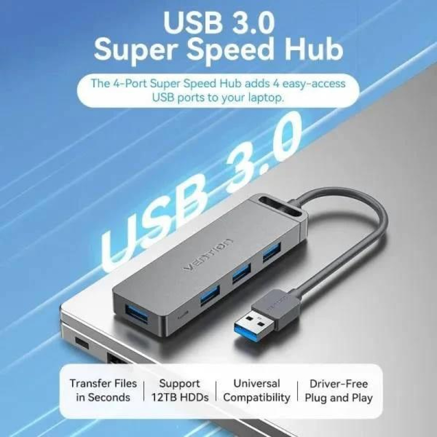 Хаб USB 3.0 -> 4xUSB-A 3.0, 5Gbps,  Black Vention