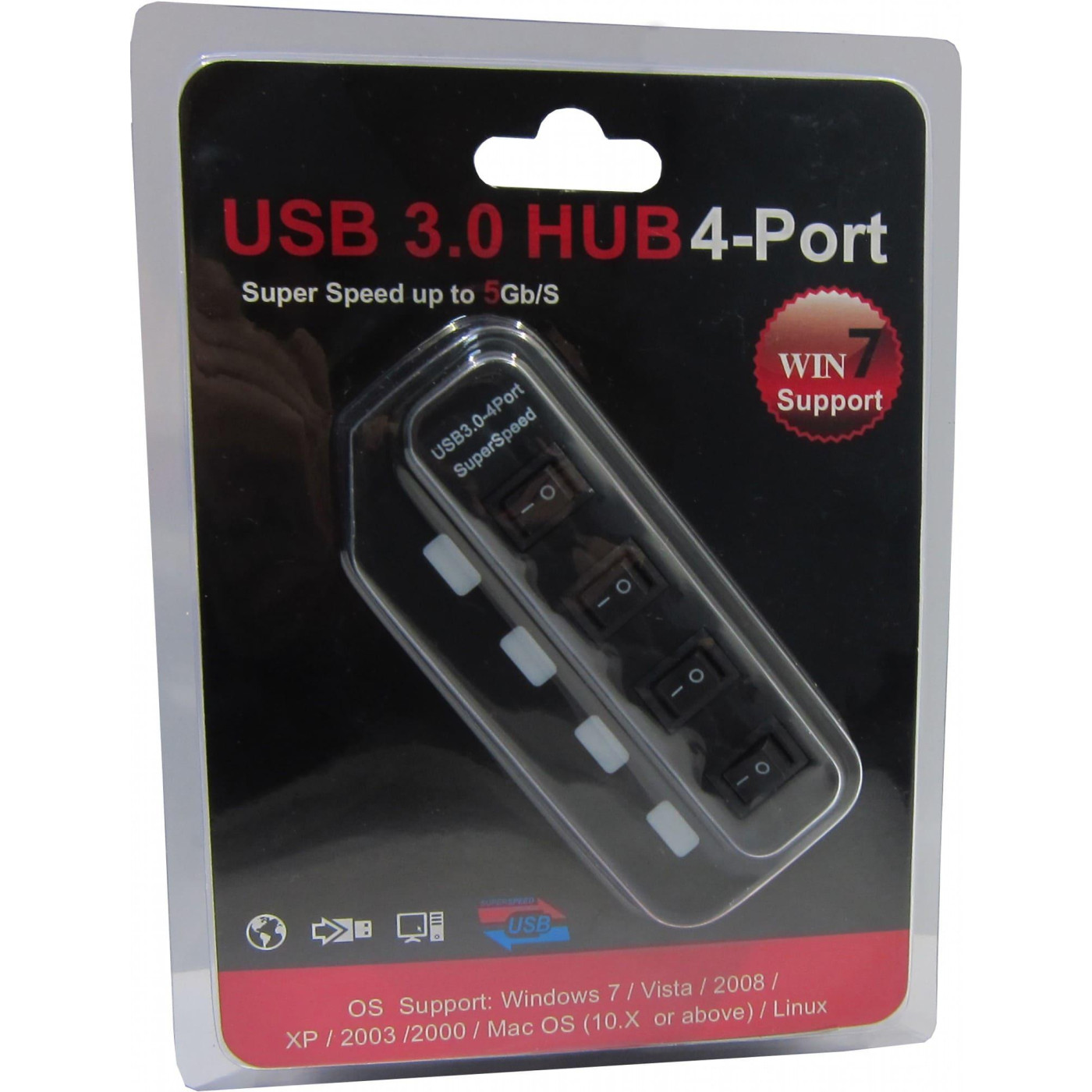 USB-Хаб Lapara USB 4 порта USB 3.0 с 4-мя выключателеми ON/OFF для каждого порта, с БП 2А/5В, черный (LA-USB305)