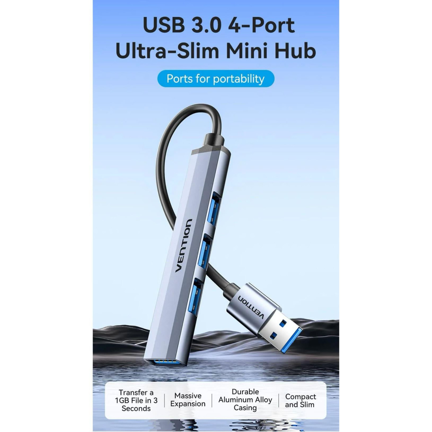 Хаб USB 3.0 -> 1xUSB 3.0/3xUSB 2.0, 0.15м, 5 Гбіт/с, Grey Vention